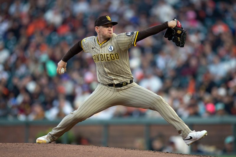 Jun 2, 2025; San Francisco, California, USA; San Diego Padres starting pitcher Stephen Kolek (32) delivers a pitch against the San Francisco Giants during the third inning at Oracle Park. Mandatory Credit: D. Ross Cameron-Imagn Images