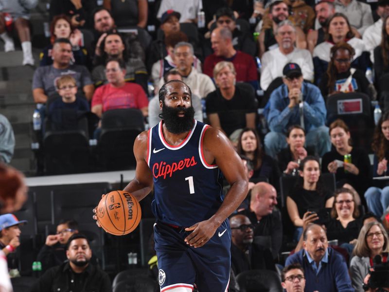 INGLEWOOD, CA - DECEMBER 4:  James Harden #1 of the LA Clippers dribbles the ball during the game against the Minnesota Timberwolves during a regular season game on December 4, 2024 at Intuit Dome in Los Angeles, California. NOTE TO USER: User expressly acknowledges and agrees that, by downloading and/or using this Photograph, user is consenting to the terms and conditions of the Getty Images License Agreement. Mandatory Copyright Notice: Copyright 2024 NBAE (Photo by Juan Ocampo/NBAE via Getty Images)