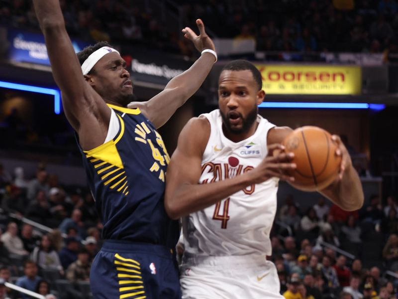 INDIANAPOLIS, IN - JANUARY 14: Evan Mobley #4 of the Cleveland Cavaliers drives to the basket during the game against the Indiana Pacers  on January 14, 2025 at Gainbridge Fieldhouse in Indianapolis, Indiana. NOTE TO USER: User expressly acknowledges and agrees that, by downloading and or using this Photograph, user is consenting to the terms and conditions of the Getty Images License Agreement. Mandatory Copyright Notice: Copyright 2025 NBAE (Photo by Pepper Robinson/NBAE via Getty Images)