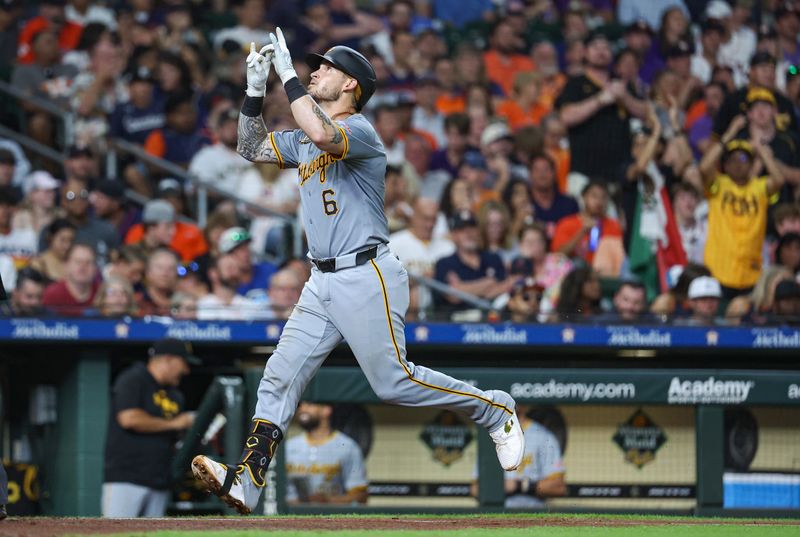 Jul 29, 2024; Houston, Texas, USA; Pittsburgh Pirates catcher Yasmani Grandal (6) rounds the bases after hitting a home run during the sixth inning against the Houston Astros at Minute Maid Park. Mandatory Credit: Troy Taormina-USA TODAY Sports