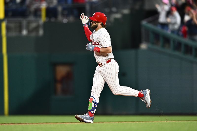 May 5, 2024; Philadelphia, Pennsylvania, USA; Philadelphia Phillies first baseman Bryce Harper (3) rounds the bases after hitting a three-run home run against the San Francisco Giants in the third inning at Citizens Bank Park. Mandatory Credit: Kyle Ross-USA TODAY Sports