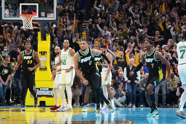 INDIANAPOLIS, IN - DECEMBER 4: Tyrese Haliburton #0 of the Indiana Pacers celebrates during the game against the Boston Celtics during the quarterfinals of the In-Season Tournament on December 4, 2023 at Gainbridge Fieldhouse in Indianapolis, Indiana. NOTE TO USER: User expressly acknowledges and agrees that, by downloading and or using this Photograph, user is consenting to the terms and conditions of the Getty Images License Agreement. Mandatory Copyright Notice: Copyright 2023 NBAE (Photo by Jesse D. Garrabrant/NBAE via Getty Images)