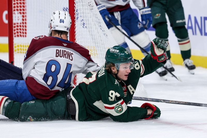 Nov 28, 2025; Saint Paul, Minnesota, USA; Minnesota Wild left wing Kirill Kaprizov (97) celebrates his goal against the Colorado Avalanche during the second period at Grand Casino Arena. Mandatory Credit: Matt Krohn-Imagn Images