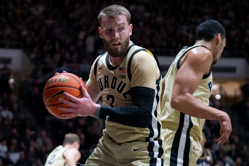 Dec 29, 2025; West Lafayette, Indiana, USA; Purdue Boilermakers guard Braden Smith (3) grabs a rebound during the first half against the Kent State Golden Flashes at Mackey Arena. Mandatory Credit: Jacob Musselman-Imagn Images