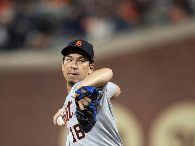 Aug 9, 2024; San Francisco, California, USA; Detroit Tigers pitcher Kenta Maeda (18) delivers a pitch against the San Francisco Giants during the fifth inning at Oracle Park. Mandatory Credit: D. Ross Cameron-USA TODAY Sports