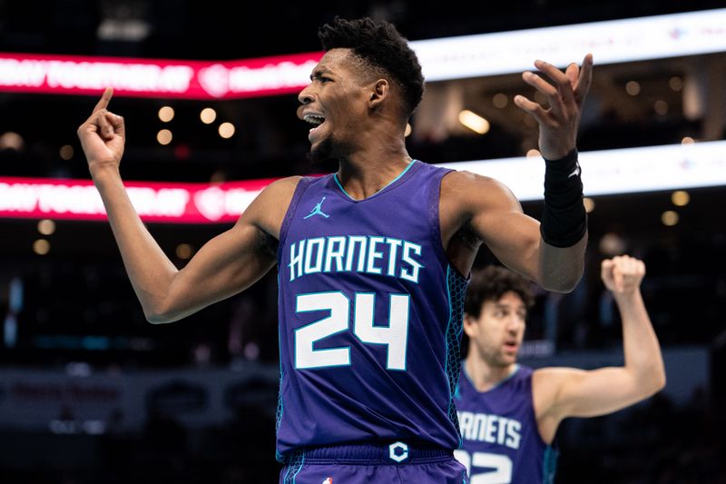 CHARLOTTE, NORTH CAROLINA - DECEMBER 03: Brandon Miller #24 of the Charlotte Hornets reacts in the third quarter of the game against the Philadelphia 76ers during the Emirates NBA Cup at Spectrum Center on December 03, 2024 in Charlotte, North Carolina. NOTE TO USER: User expressly acknowledges and agrees that, by downloading and or using this photograph, User is consenting to the terms and conditions of the Getty Images License Agreement. (Photo by Jacob Kupferman/Getty Images)