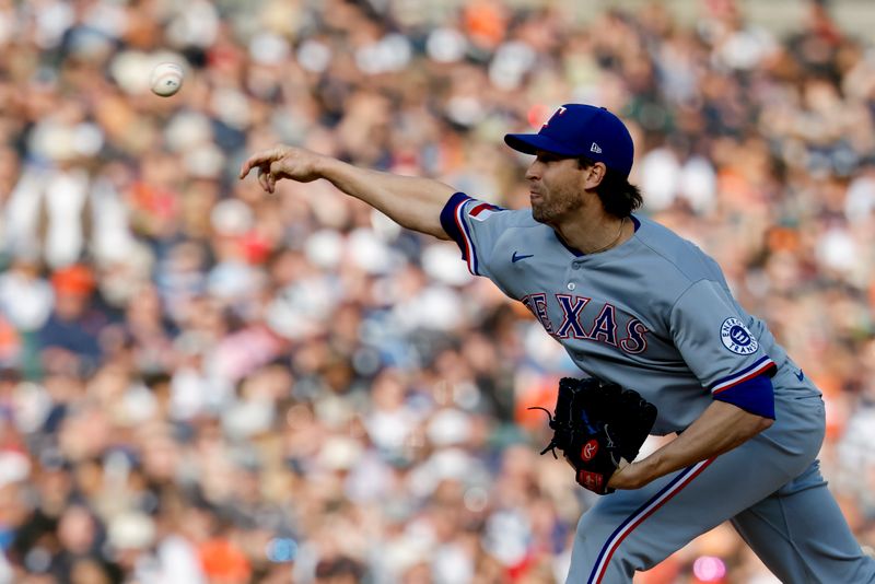 May 10, 2025; Detroit, Michigan, USA;  Texas Rangers starting pitcher Jacob deGrom (48)) pitches in the first inning against the Detroit Tigers at Comerica Park. Mandatory Credit: Rick Osentoski-Imagn Images