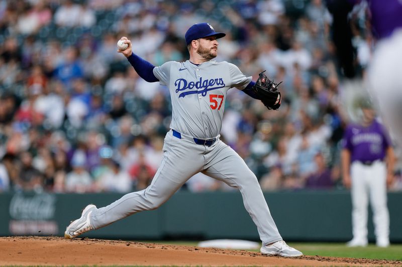 Sep 27, 2024; Denver, Colorado, USA; Los Angeles Dodgers starting pitcher Ryan Brasier (57) pitches in the first inning against the Colorado Rockies at Coors Field. Mandatory Credit: Isaiah J. Downing-Imagn Images