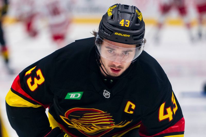 Oct 28, 2024; Vancouver, British Columbia, CAN; Vancouver Canucks defenseman Quinn Hughes (43) skates during warm up prior to a game against the Carolina Hurricanes at Rogers Arena. Mandatory Credit: Bob Frid-Imagn Images