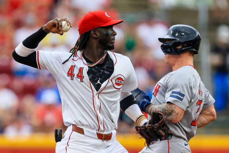 Jun 23, 2024; Cincinnati, Ohio, USA; Cincinnati Reds shortstop Elly De La Cruz (44) throws to first in attempt to get Boston Red Sox third baseman Rafael Devers (not pictured) out in the fifth inning at Great American Ball Park. Mandatory Credit: Katie Stratman-USA TODAY Sports