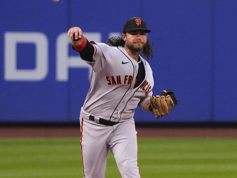 Jul 2, 2023; New York City, New York, USA; San Francisco Giants shotstop Brandon Crawford (35) throws out New York Mets Mark Canha (not pictured) after fielding a ground ball during the second inning at Citi Field. Mandatory Credit: Gregory Fisher-USA TODAY Sports