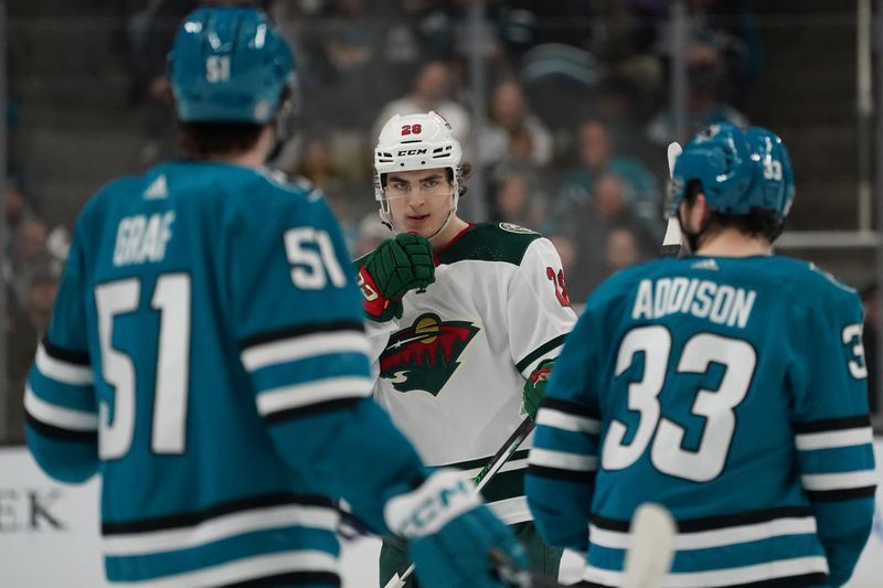 Apr 13, 2024; San Jose, California, USA;  Minnesota Wild forward Liam Ohgren (28) during a break in play in the first period at SAP Center at San Jose. Mandatory Credit: David Gonzales-USA TODAY Sports