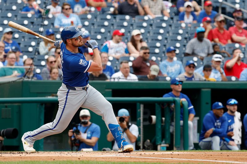 Sep 26, 2024; Washington, District of Columbia, USA; Kansas City Royals outfielder Hunter Renfroe (16) hits a solo home run against the Washington Nationals during the second inning at Nationals Park. Mandatory Credit: Geoff Burke-Imagn Images
