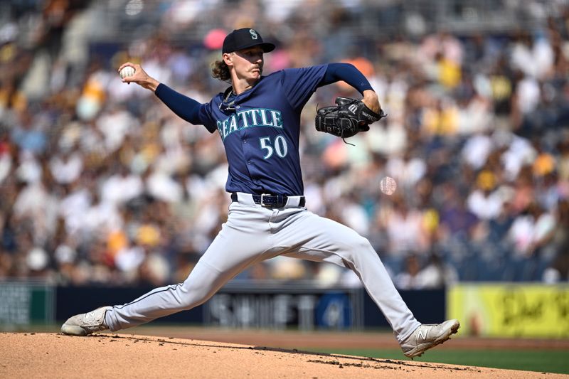 Jul 10, 2024; San Diego, California, USA; Seattle Mariners starting pitcher Bryce Miller (50) pitches against the San Diego Padres during the first inning at Petco Park. Mandatory Credit: Orlando Ramirez-USA TODAY Sports