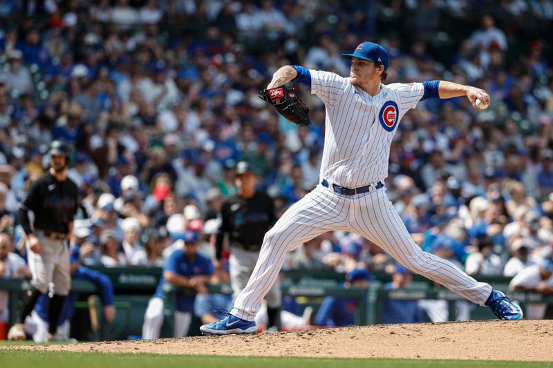 May 5, 2023; Chicago, Illinois, USA; Chicago Cubs starting pitcher Justin Steele (35) pitches against the Miami Marlins during the sixth inning at Wrigley Field. Mandatory Credit: Kamil Krzaczynski-USA TODAY Sports