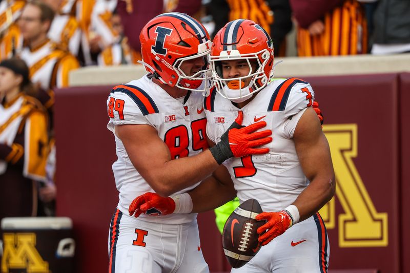 Nov 4, 2023; Minneapolis, Minnesota, USA; Illinois Fighting Illini running back Kaden Feagin (3) celebrates his touchdown with tight end Tip Reiman (89) during the second half against the Minnesota Golden Gophers at Huntington Bank Stadium. Mandatory Credit: Matt Krohn-USA TODAY Sports