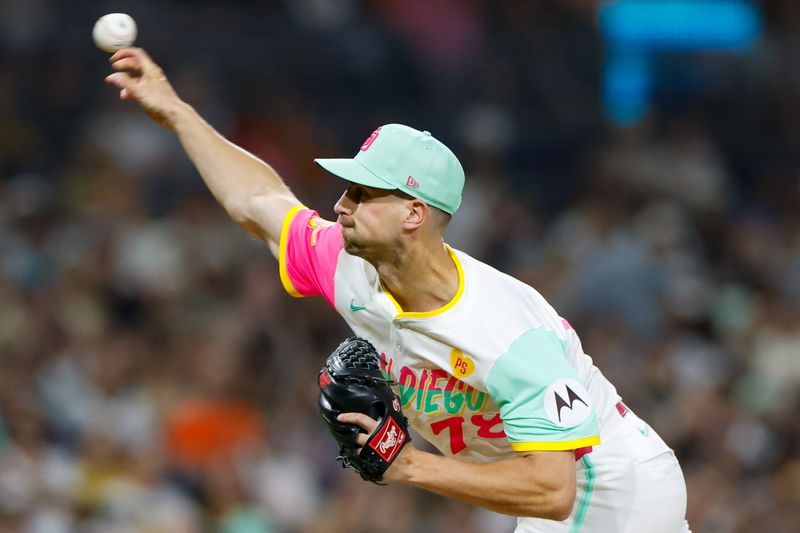 Sep 6, 2024; San Diego, California, USA; San Diego Padres relief pitcher Bryan Hoeing (78) throws a pitch during the seventh inning against the San Francisco Giants at Petco Park. Mandatory Credit: David Frerker-Imagn Images