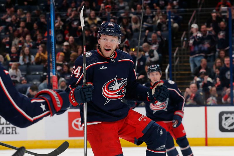 Mar 7, 2024; Columbus, Ohio, USA; Columbus Blue Jackets right wing Mathieu Olivier (24) celebrates his goal against the Edmonton Oilers during the first period at Nationwide Arena. Mandatory Credit: Russell LaBounty-USA TODAY Sports