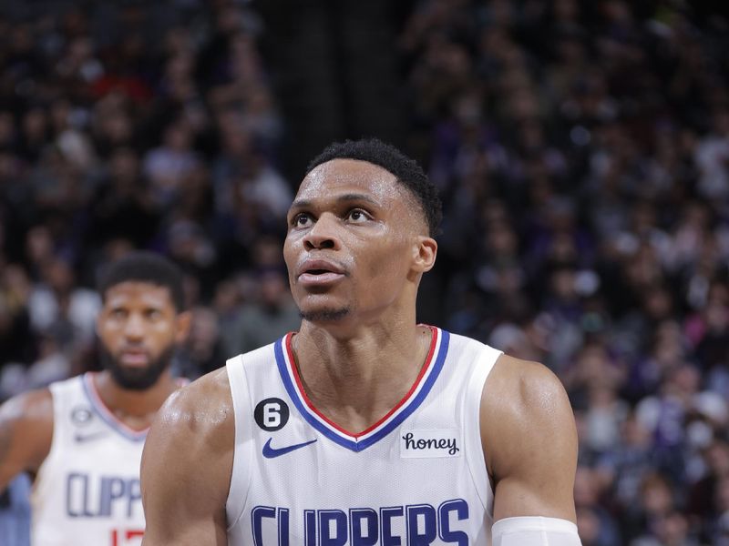 SACRAMENTO, CA - MARCH 3: Russell Westbrook #0 of the LA Clippers prepares to shoot a free throw during the game against the Sacramento Kings on March 3, 2023 at Golden 1 Center in Sacramento, California. NOTE TO USER: User expressly acknowledges and agrees that, by downloading and or using this Photograph, user is consenting to the terms and conditions of the Getty Images License Agreement. Mandatory Copyright Notice: Copyright 2023 NBAE (Photo by Rocky Widner/NBAE via Getty Images)