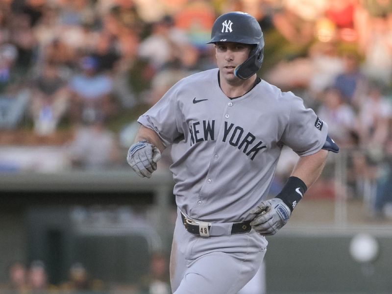 May 9, 2025; West Sacramento, California, USA; New York Yankees first baseman Paul Goldschmidt (48) rounds the bases after hitting a home run against the Athletics during the third inning at Sutter Health Park. Mandatory Credit: Ed Szczepanski-Imagn Images