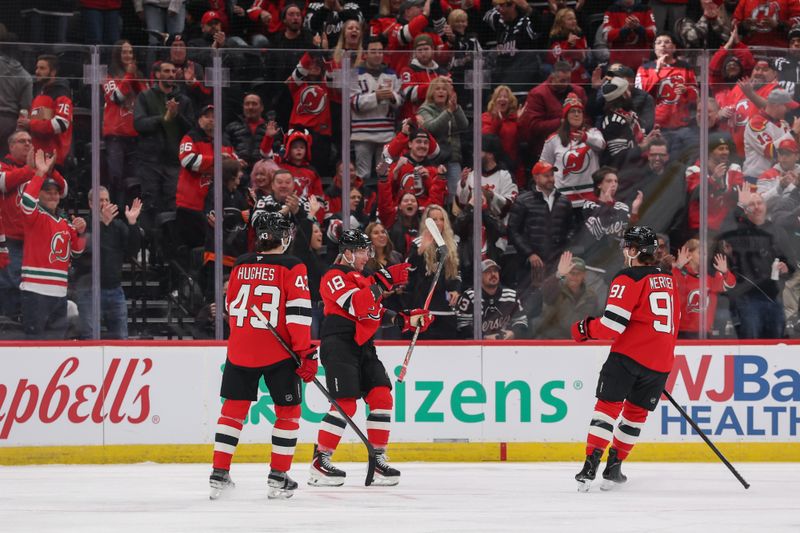 Dec 1, 2025; Newark, New Jersey, USA; New Jersey Devils left wing Ondrej Palat (18) celebrates his goal against the Columbus Blue Jackets during the first period at Prudential Center. Mandatory Credit: Ed Mulholland-Imagn Images