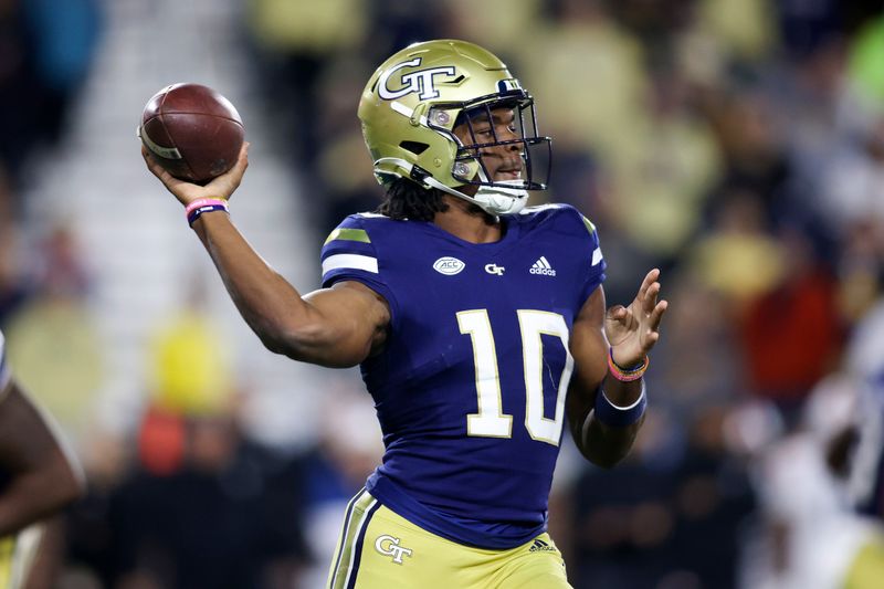 Oct 20, 2022; Atlanta, Georgia, USA; Georgia Tech Yellow Jackets quarterback Jeff Sims (10) throws a pass against the Virginia Cavaliers in the first half at Bobby Dodd Stadium. Mandatory Credit: Brett Davis-USA TODAY Sports
