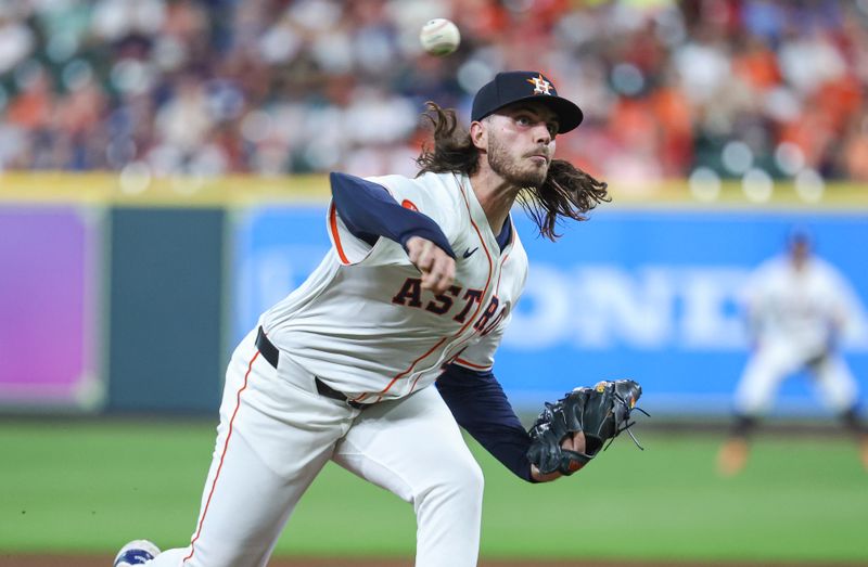 Jun 4, 2024; Houston, Texas, USA; Houston Astros starting pitcher Spencer Arrighetti (41) delivers a pitch during the second inning against the St. Louis Cardinals at Minute Maid Park. Mandatory Credit: Troy Taormina-USA TODAY Sports