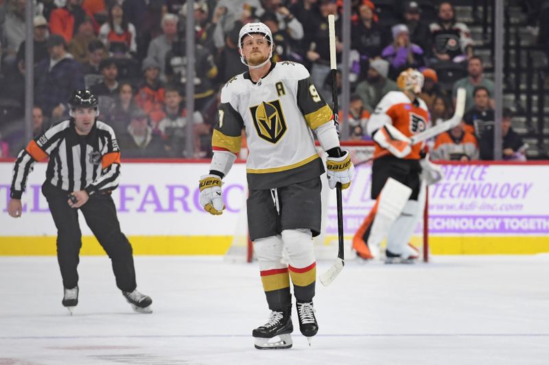 Nov 25, 2024; Philadelphia, Pennsylvania, USA; Vegas Golden Knights center Jack Eichel (9) skates back to the bench after scoring a goal against Philadelphia Flyers goaltender Ivan Fedotov (82) during the shootout period at Wells Fargo Center. Mandatory Credit: Eric Hartline-Imagn Images