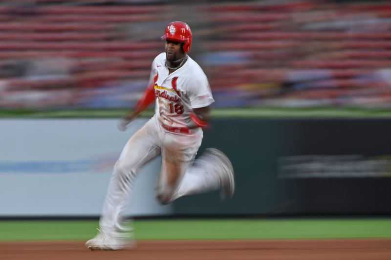 Aug 15, 2023; St. Louis, Missouri, USA;  St. Louis Cardinals right fielder Jordan Walker (18) runs against the Oakland Athletics during the fourth inning at Busch Stadium. Mandatory Credit: Jeff Curry-USA TODAY Sports