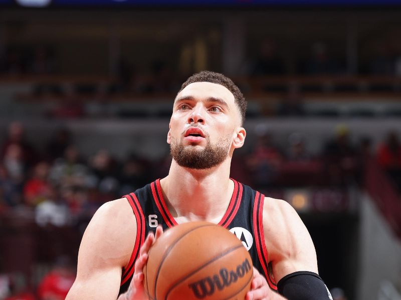 CHICAGO, IL - APRIL 4: Zach LaVine #8 of the Chicago Bulls shoots a free throw during the game against the Atlanta Hawks on April 4, 2023 at United Center in Chicago, Illinois. NOTE TO USER: User expressly acknowledges and agrees that, by downloading and or using this photograph, User is consenting to the terms and conditions of the Getty Images License Agreement. Mandatory Copyright Notice: Copyright 2023 NBAE (Photo by Jeff Haynes/NBAE via Getty Images)