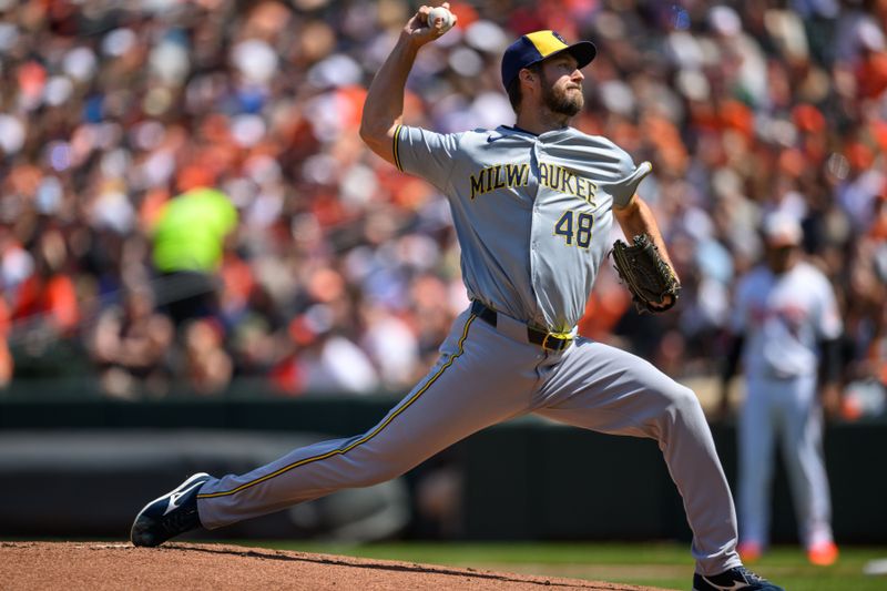 Apr 14, 2024; Baltimore, Maryland, USA; Milwaukee Brewers pitcher Colin Rea (48) throws a pitch .during the first inning against the Baltimore Orioles at Oriole Park at Camden Yards. Mandatory Credit: Reggie Hildred-USA TODAY Sports