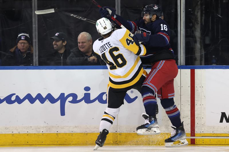 Dec 6, 2024; New York, New York, USA; New York Rangers center Vincent Trocheck (16) hits Pittsburgh Penguins center Blake Lizotte (46) during the second period at Madison Square Garden. Mandatory Credit: Brad Penner-Imagn Images