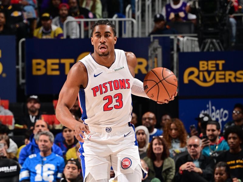 DETROIT, MI - NOVEMBER 4: Jaden Ivey #23 of the Detroit Pistons dribbles the ball during the game against the Los Angeles Lakers on November 4, 2024 at Little Caesars Arena in Detroit, Michigan. NOTE TO USER: User expressly acknowledges and agrees that, by downloading and/or using this photograph, User is consenting to the terms and conditions of the Getty Images License Agreement. Mandatory Copyright Notice: Copyright 2024 NBAE (Photo by Chris Schwegler/NBAE via Getty Images)