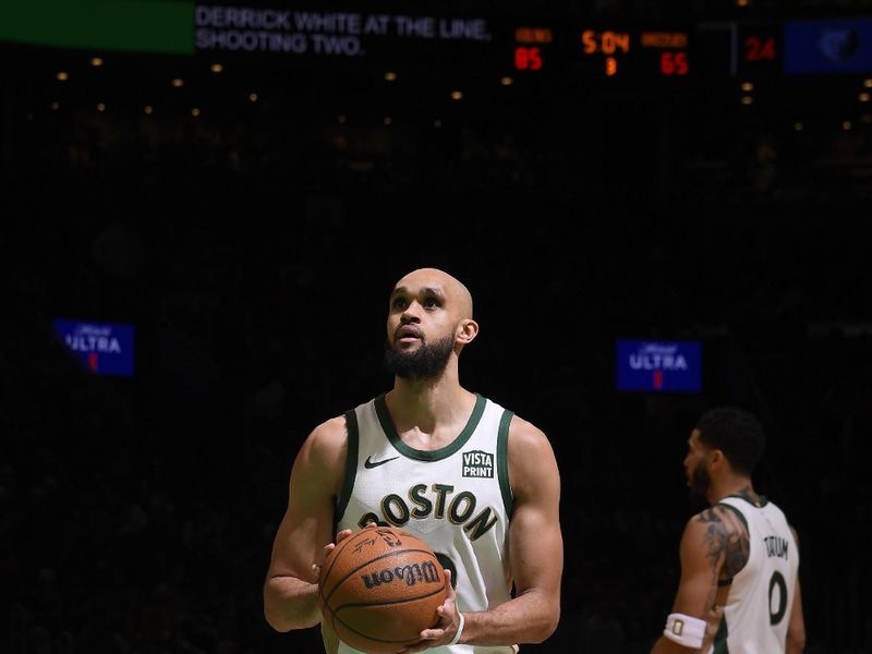 BOSTON, MA - FEBRUARY 4:  Derrick White #9 of the Boston Celtics shoots a free throw during the game against the Memphis Grizzlies on February 4, 2024 at the TD Garden in Boston, Massachusetts. NOTE TO USER: User expressly acknowledges and agrees that, by downloading and or using this photograph, User is consenting to the terms and conditions of the Getty Images License Agreement. Mandatory Copyright Notice: Copyright 2024 NBAE  (Photo by Brian Babineau/NBAE via Getty Images)