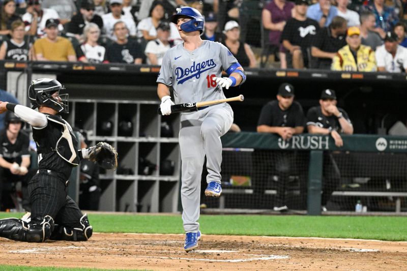 Jun 24, 2024; Chicago, Illinois, USA;  Los Angeles Dodgers catcher Will Smith (16) reacts after being called out on strikes during the sixth inning against the Chicago White Sox at Guaranteed Rate Field. Mandatory Credit: Matt Marton-USA TODAY Sports