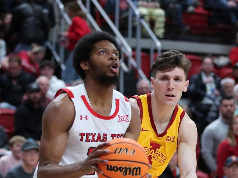 Jan 30, 2023; Lubbock, Texas, USA;  Texas Tech Red Raiders guard Kerwin Walton (24) stops to take a shot against Iowa State Cyclones guard Caleb Grill (2) in the first half at United Supermarkets Arena. Mandatory Credit: Michael C. Johnson-USA TODAY Sports