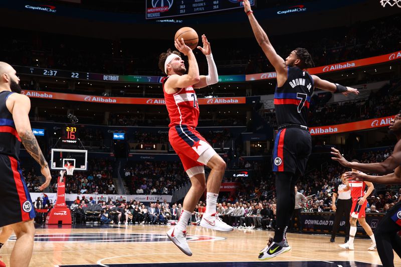 WASHINGTON, DC -? MARCH 29: Corey Kispert #24 of the Washington Wizards shoots the ball during the game against the Detroit Pistons on March 29, 2024 at Capital One Arena in Washington, DC. NOTE TO USER: User expressly acknowledges and agrees that, by downloading and or using this Photograph, user is consenting to the terms and conditions of the Getty Images License Agreement. Mandatory Copyright Notice: Copyright 2024 NBAE (Photo by Kenny Giarla/NBAE via Getty Images)