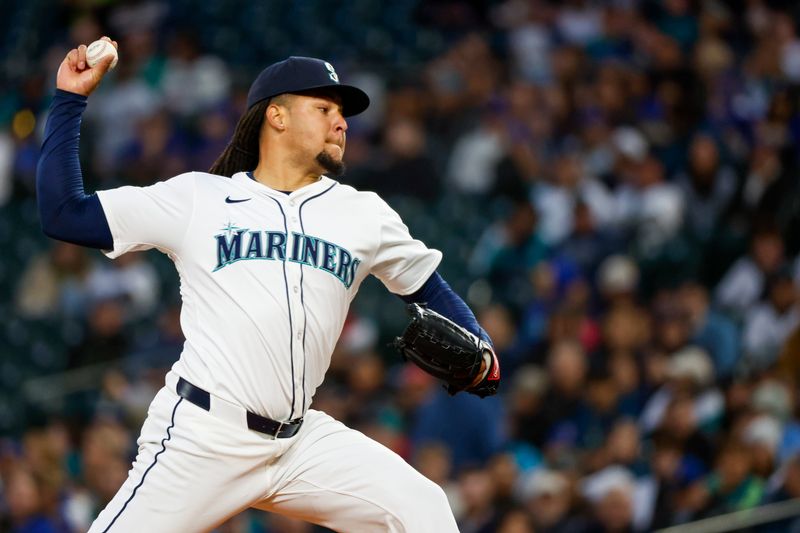 Apr 2, 2024; Seattle, Washington, USA; Seattle Mariners starting pitcher Luis Castillo (58) throws against the Cleveland Guardians during the third inning at T-Mobile Park. Mandatory Credit: Joe Nicholson-USA TODAY Sports