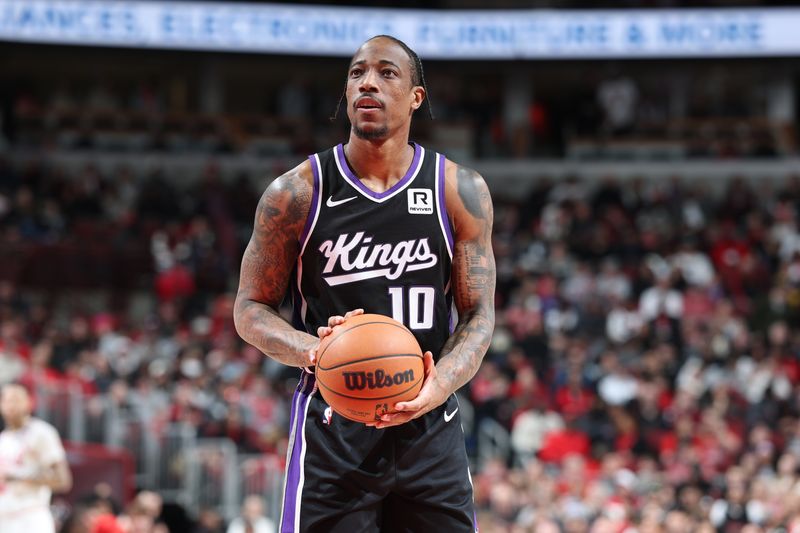 CHICAGO, IL - JANUARY 12: DeMar DeRozan #10 of the Sacramento Kings free throw during the game against the Chicago Bulls on January 12, 2025 at United Center in Chicago, Illinois. NOTE TO USER: User expressly acknowledges and agrees that, by downloading and or using this photograph, User is consenting to the terms and conditions of the Getty Images License Agreement. Mandatory Copyright Notice: Copyright 2025 NBAE (Photo by Jeff Haynes/NBAE via Getty Images)