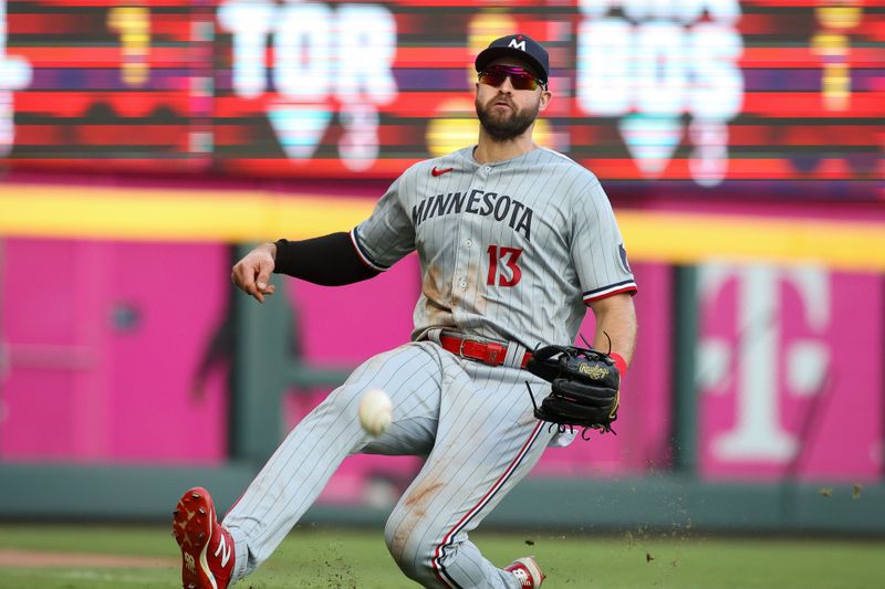 Jun 27, 2023; Atlanta, Georgia, USA; Minnesota Twins left fielder Joey Gallo (13) attempts to catch a foul ball against the Atlanta Hawks in the second inning at Truist Park. Mandatory Credit: Brett Davis-USA TODAY Sports