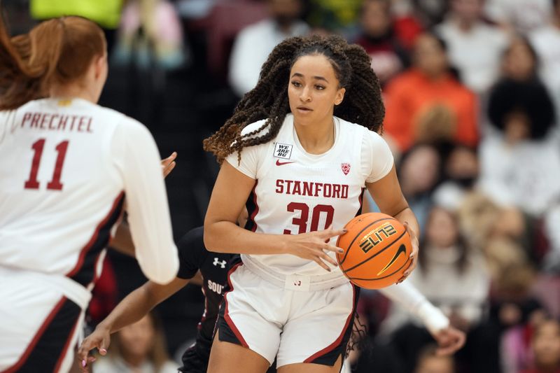 Nov 20, 2022; Stanford, California, USA; Stanford Cardinal guard Haley Jones (30) handles the ball against the South Carolina Gamecocks during the second quarter at Maples Pavilion. Mandatory Credit: Darren Yamashita-USA TODAY Sports