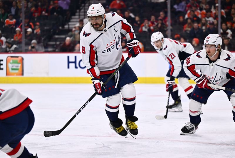 Dec 14, 2023; Philadelphia, Pennsylvania, USA; Washington Capitals left wing Alex Ovechkin (8) jumps after a faceoff against the Philadelphia Flyers in the first period at Wells Fargo Center. Mandatory Credit: Kyle Ross-USA TODAY Sports