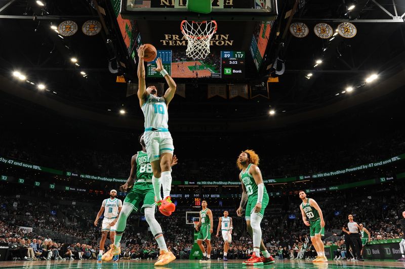 BOSTON, MA - APRIL 12:  Amari Bailey #10 of the Charlotte Hornets drives to the basket during the game against the Boston Celtics on April 12, 2024 at the TD Garden in Boston, Massachusetts. NOTE TO USER: User expressly acknowledges and agrees that, by downloading and or using this photograph, User is consenting to the terms and conditions of the Getty Images License Agreement. Mandatory Copyright Notice: Copyright 2024 NBAE  (Photo by Brian Babineau/NBAE via Getty Images)