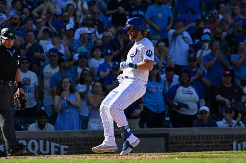 Sep 21, 2024; Chicago, Illinois, USA;  Chicago Cubs first baseman Patrick Wisdom (16) crosses home plate after he hit a home run against the Washington Nationals during the seventh inning at Wrigley Field. Mandatory Credit: Matt Marton-Imagn Images