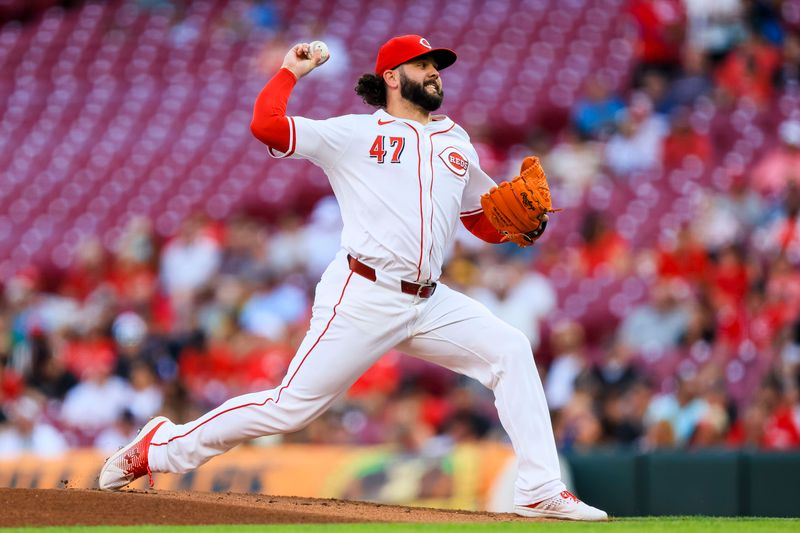 Aug 27, 2024; Cincinnati, Ohio, USA; Cincinnati Reds starting pitcher Jakob Junis (47) pitches against the Oakland Athletics in the first inning at Great American Ball Park. Mandatory Credit: Katie Stratman-USA TODAY Sports