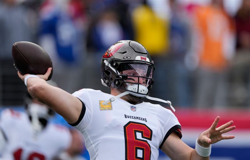 Tampa Bay Buccaneers quarterback Baker Mayfield warms up before an NFL football game against the New York Giants Sunday, Nov. 24, 2024, in East Rutherford, N.J. (AP Photo/Seth Wenig)