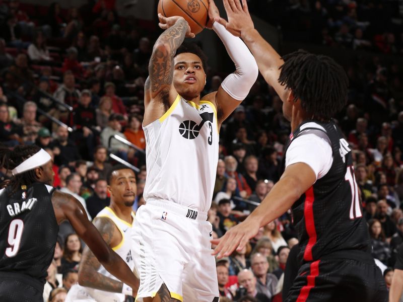 PORTLAND, OR - DECEMBER 6: Keyonte George #3 of the Utah Jazz shoots the ball during the game against the Portland Trail Blazers on December 6, 2024 at the Moda Center Arena in Portland, Oregon. NOTE TO USER: User expressly acknowledges and agrees that, by downloading and or using this photograph, user is consenting to the terms and conditions of the Getty Images License Agreement. Mandatory Copyright Notice: Copyright 2024 NBAE (Photo by Cameron Browne/NBAE via Getty Images)