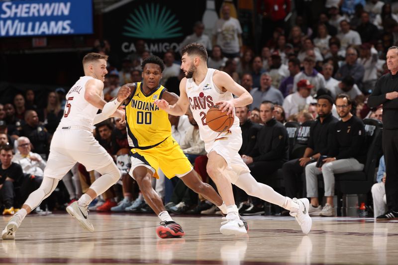 CLEVELAND, OH - MAY 6: Ty Jerome #2 of the Cleveland Cavaliers dribbles the ball during the game against the Indiana Pacers  during Round 2 Game 2 of the 2025 NBA Playoffs on May 6, 2025 at Rocket Arena in Cleveland, Ohio. NOTE TO USER: User expressly acknowledges and agrees that, by downloading and/or using this Photograph, user is consenting to the terms and conditions of the Getty Images License Agreement. Mandatory Copyright Notice: Copyright 2025 NBAE (Photo by Joe Murphy/NBAE via Getty Images)
