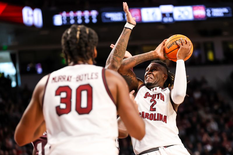 Jan 6, 2024; Columbia, South Carolina, USA; South Carolina Gamecocks forward B.J. Mack (2) drives against the Mississippi State Bulldogs in the first half at Colonial Life Arena. Mandatory Credit: Jeff Blake-USA TODAY Sports