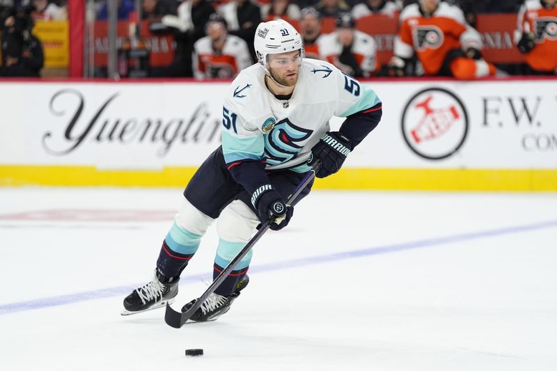 Oct 20, 2025; Philadelphia, Pennsylvania, USA; Seattle Kraken center Shane Wright (51) controls the puck against the Philadelphia Flyers in the third period at Xfinity Mobile Arena. Mandatory Credit: Kyle Ross-Imagn Images
